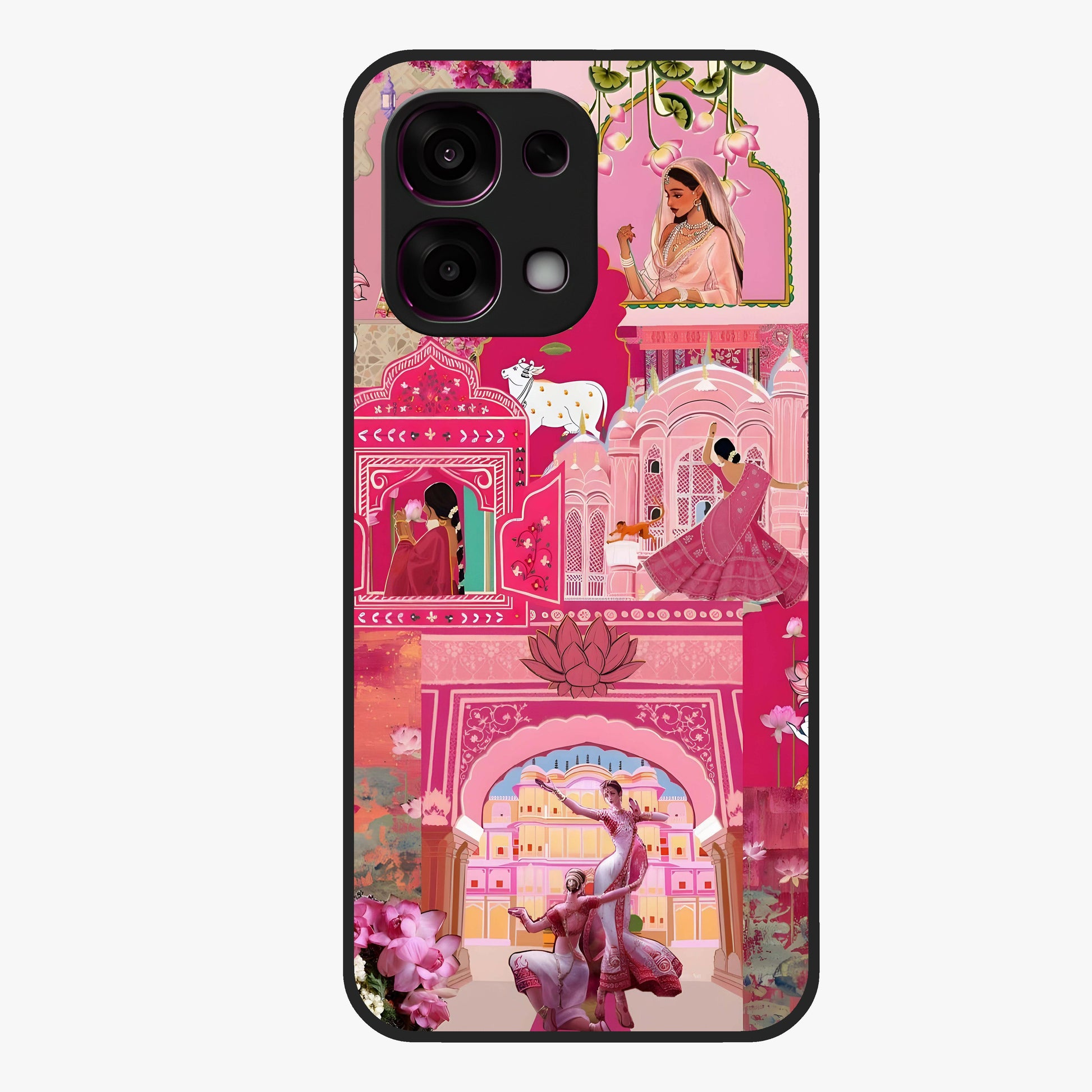 Blossoms of Rajasthan Glass Case showing flat back view with traditional floral artwork inspired by Rajasthan and glossy glass finish.