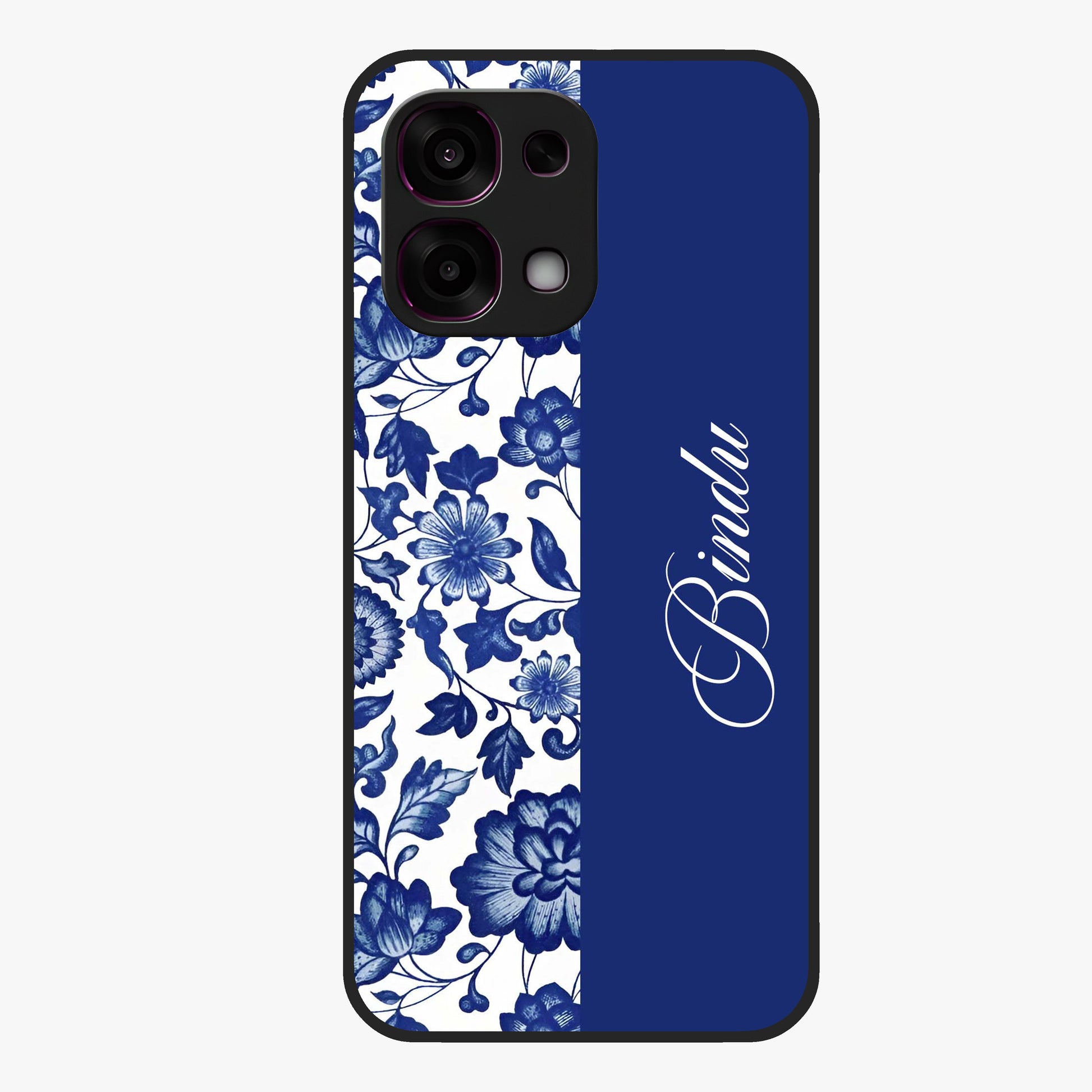 Blue Vintage Floral Pattern Glass Case upright view showcasing timeless floral illustration with vintage inspired style.