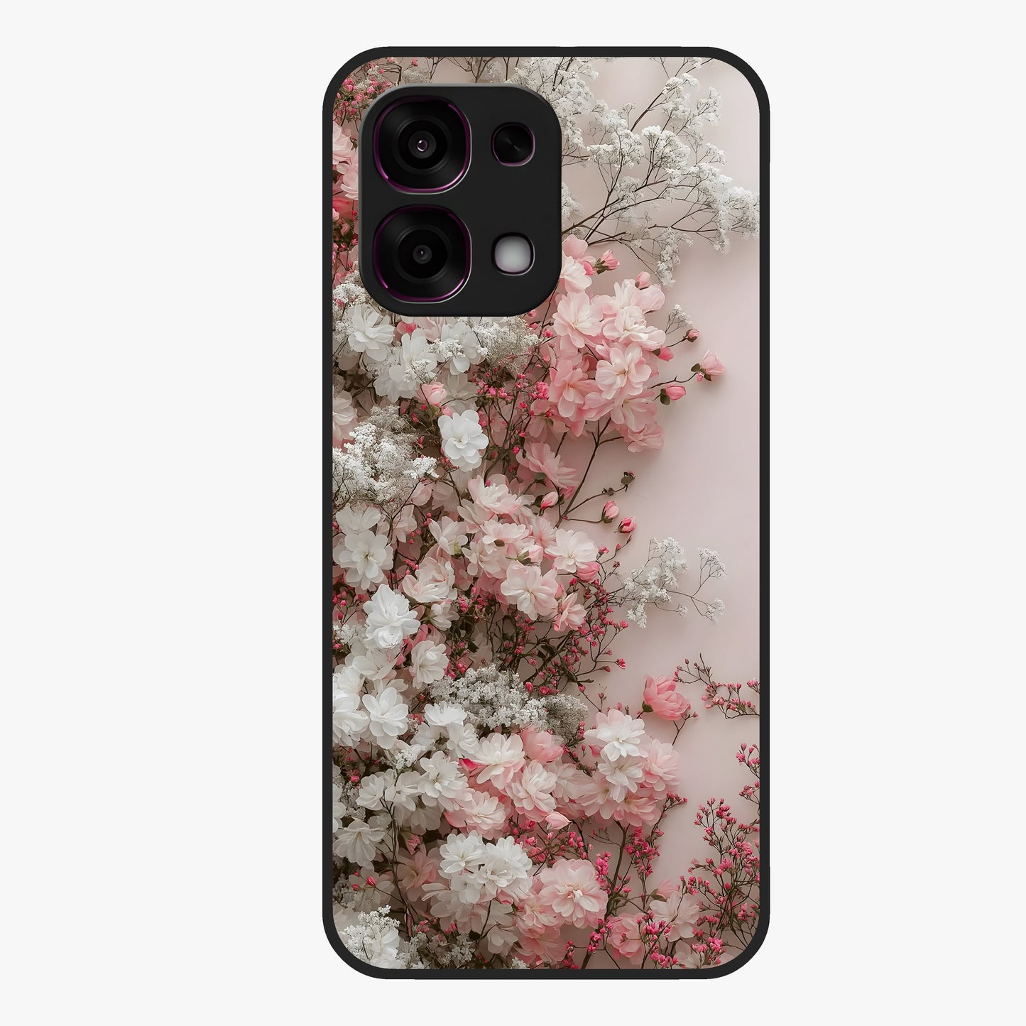 Blush Blossom Cloud Glass Case showing flat back view with dreamy blush cloud blossom artwork and glossy glass finish.