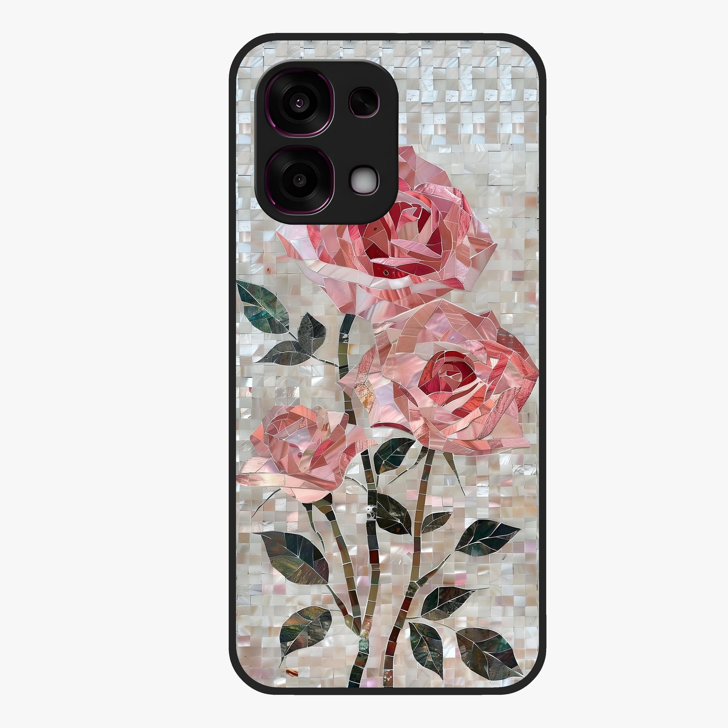 Blush Mosaic Bloom Glass Case showing flat back view with mosaic floral bloom artwork and glossy glass finish.