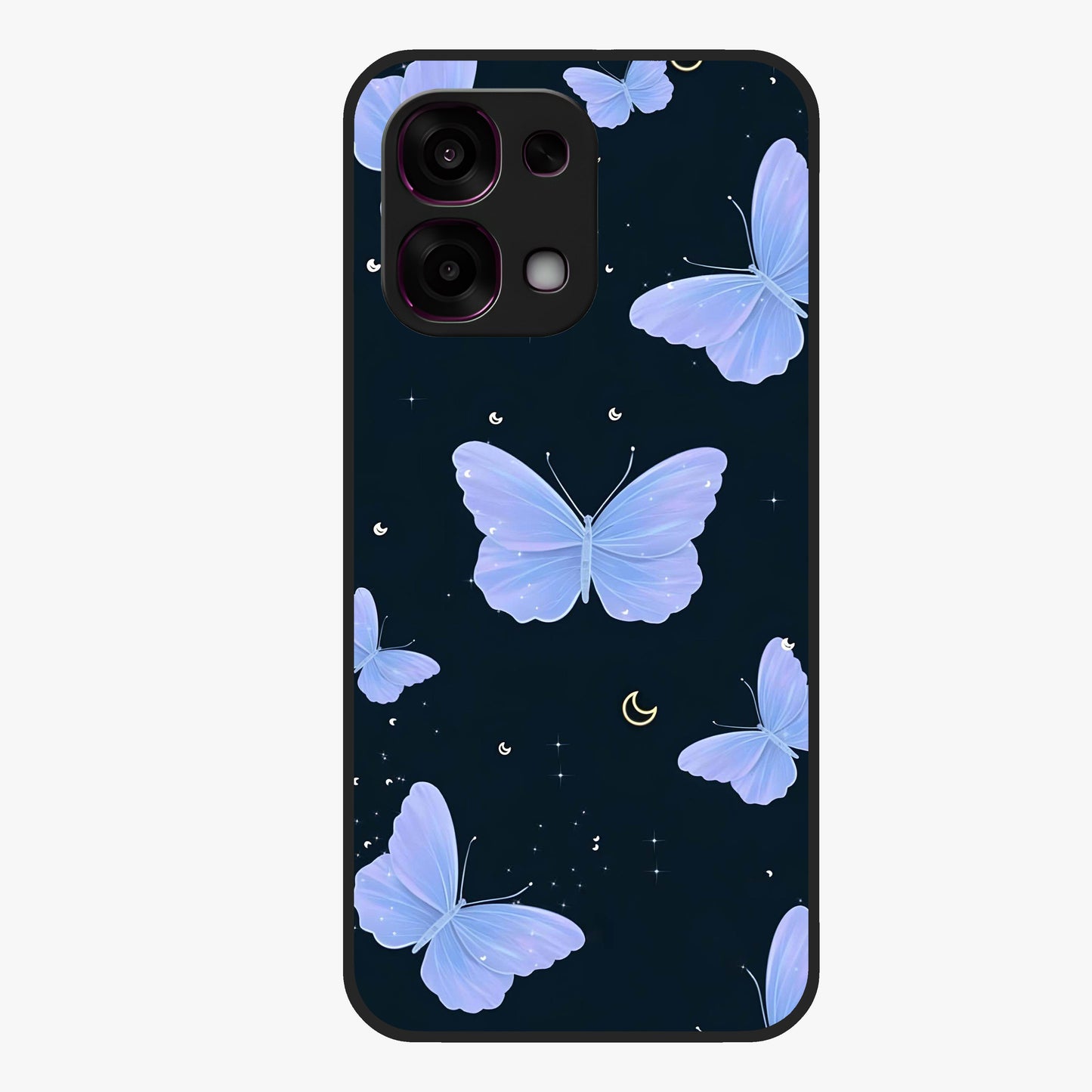 Butterfly With Stars Pattern Glass Case showing flat back view with butterfly and star pattern artwork and glossy glass finish.