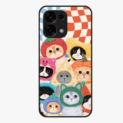 Cats in Fruits Glass Case showing flat back view with playful cat illustrations inside fruit artwork and glossy glass finish.