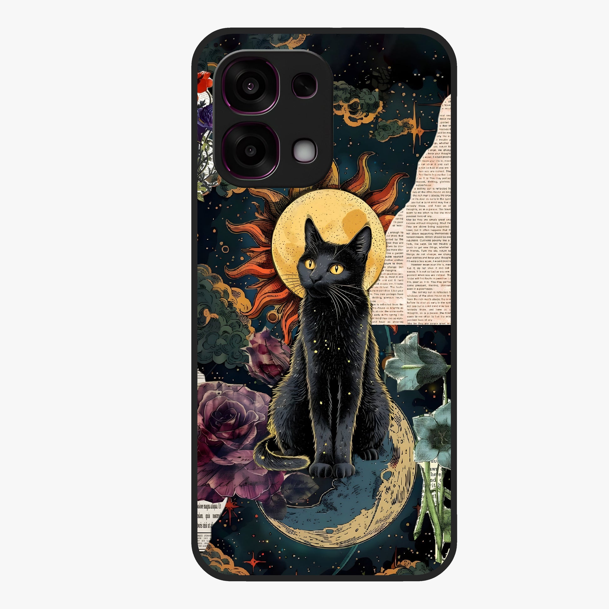 Celestial Black Cat Glass Case showing flat back view with mystical black cat artwork and glossy glass finish.
