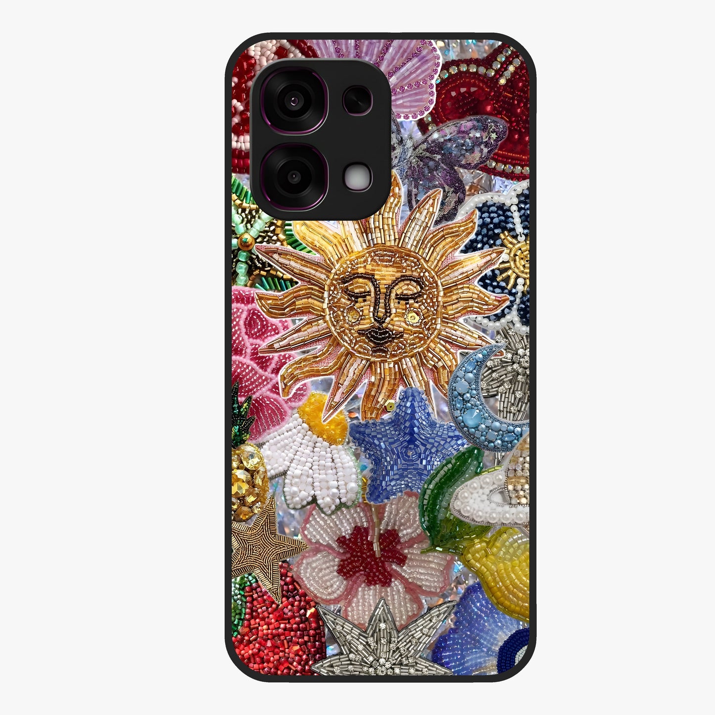 Celestial Floral and Playful Glass Case showing flat back view with floral and celestial themed artwork and glossy glass finish.