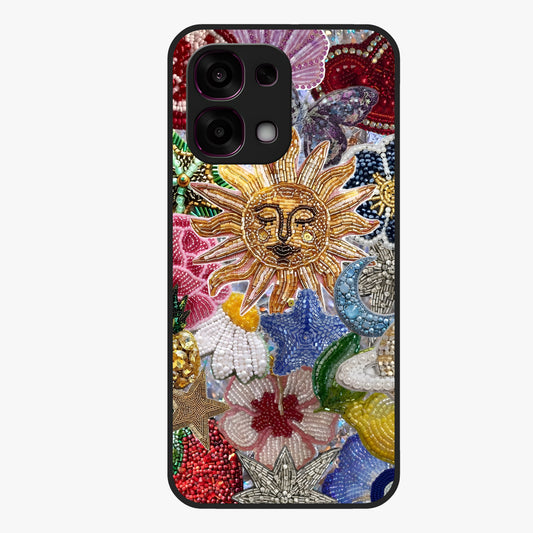 Celestial Floral and Playful Glass Case showing flat back view with floral and celestial themed artwork and glossy glass finish.