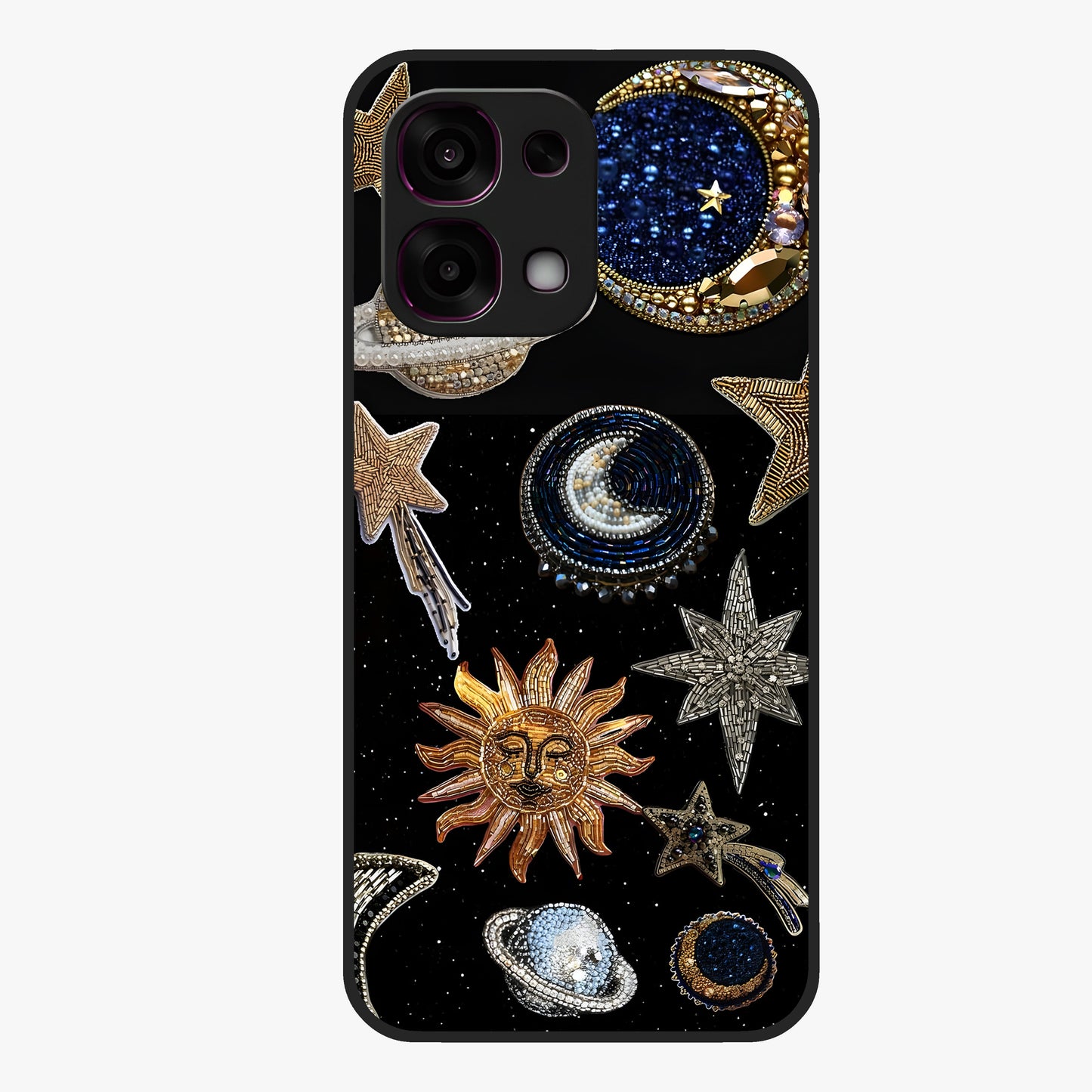 Celestial Gem Constellations Glass Case showing flat back view with sparkling constellation artwork and glossy glass finish.