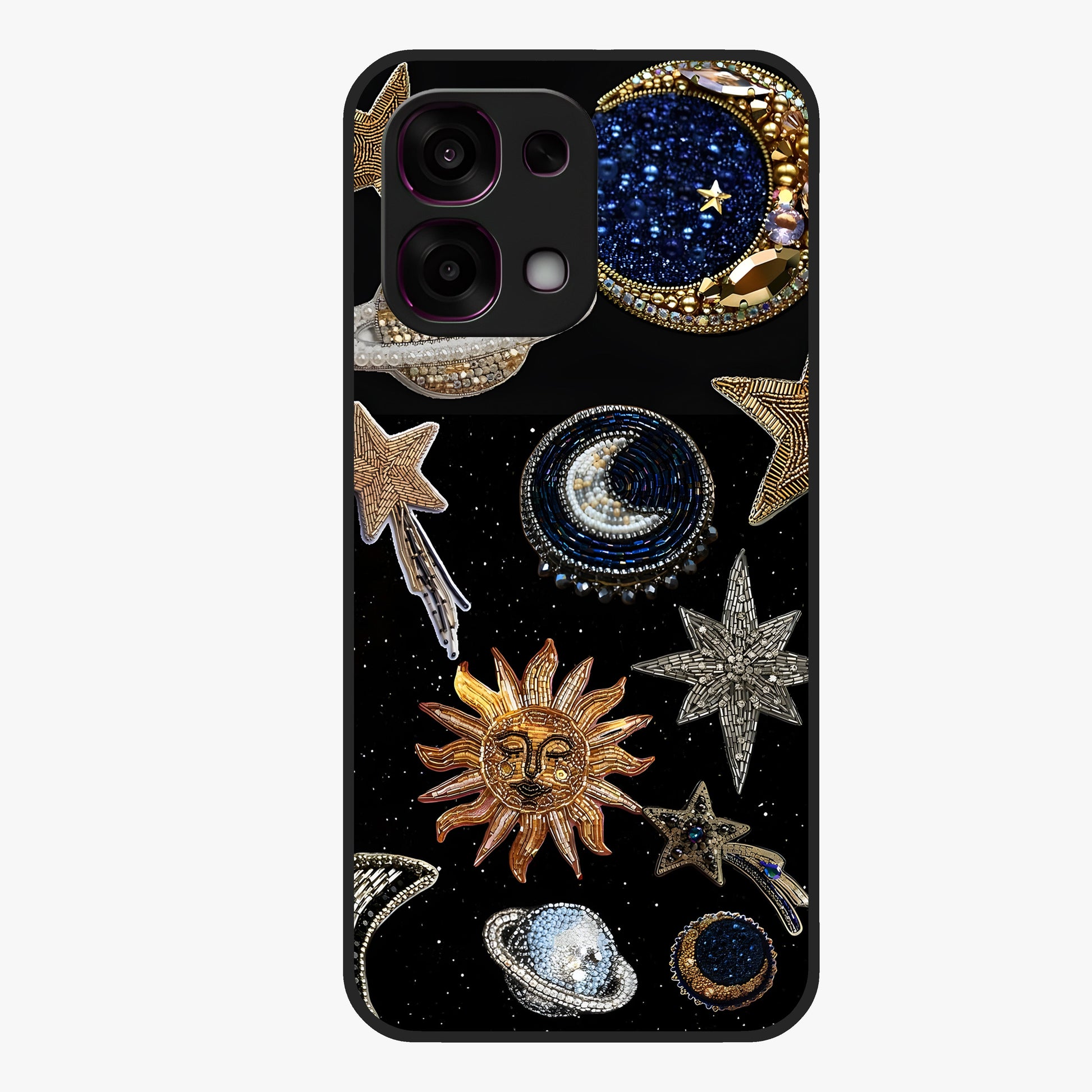 Celestial Gem Constellations Glass Case showing flat back view with sparkling constellation artwork and glossy glass finish.