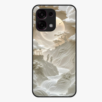 Celestial Origami Glass Case showing flat back view with artistic origami inspired celestial artwork and glossy glass finish.