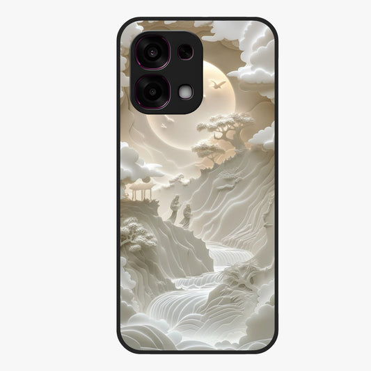 Celestial Origami Glass Case showing flat back view with artistic origami inspired celestial artwork and glossy glass finish.