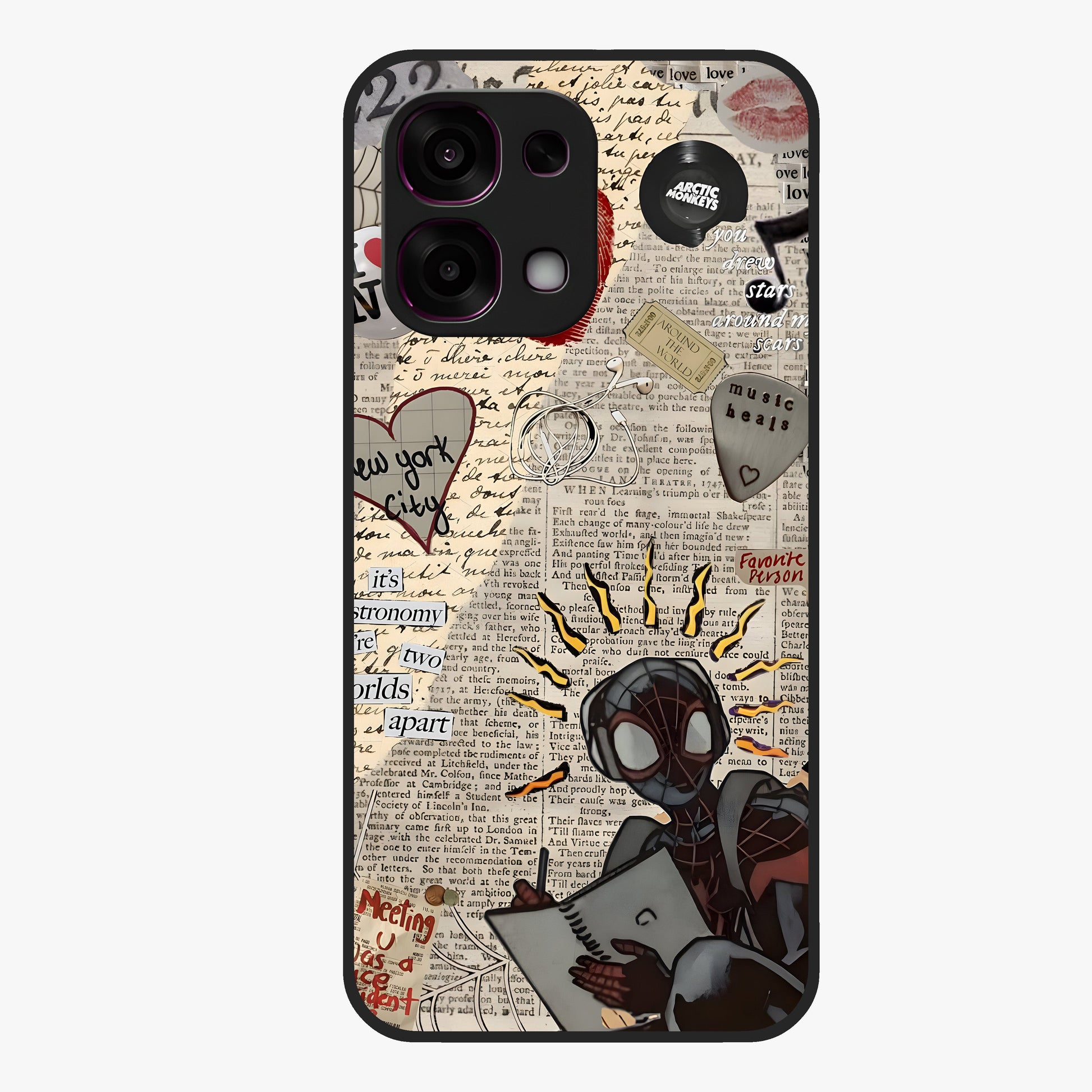 City Dream Sketch Glass Case showing flat back view with artistic city skyline sketch artwork and glossy glass finish.