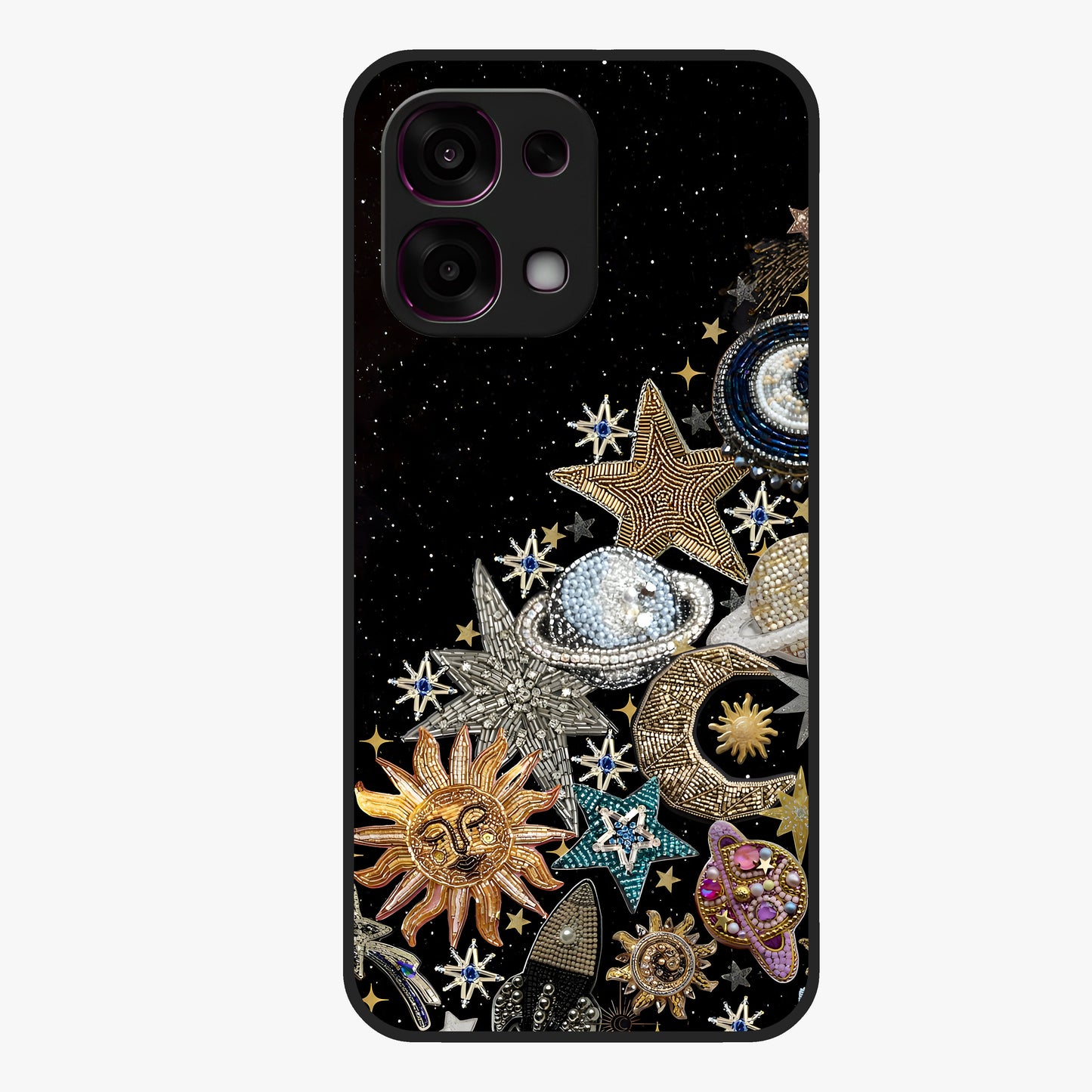 Cosmic Sparkle Dreams Glass Case showing flat back view with sparkling cosmic artwork and glossy glass finish.