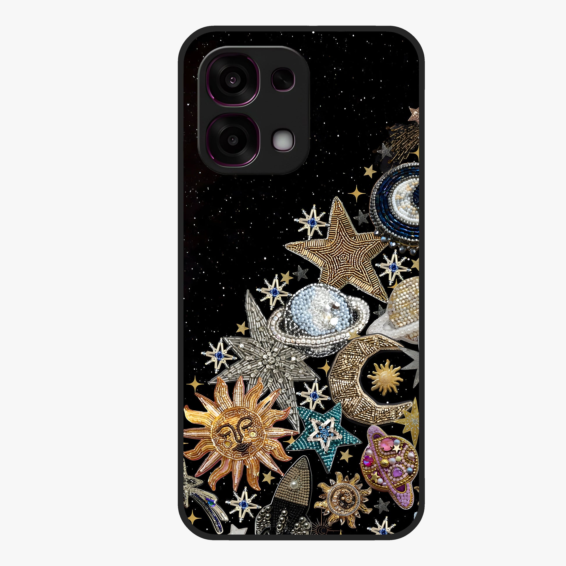 Cosmic Sparkle Dreams Glass Case showing flat back view with sparkling cosmic artwork and glossy glass finish.