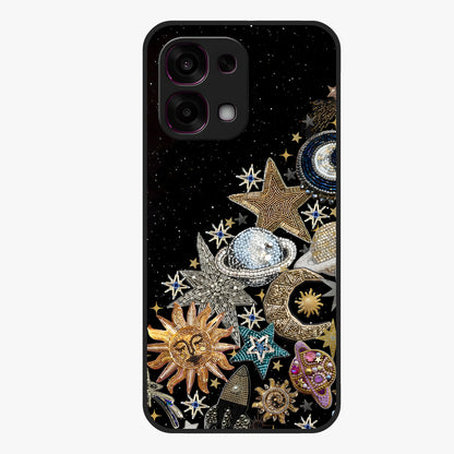 Cosmic Sparkle Dreams Glass Case showing flat back view with sparkling cosmic artwork and glossy glass finish.