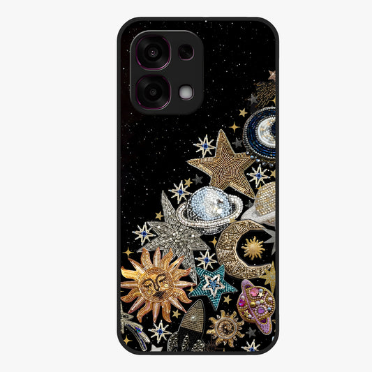 Cosmic Sparkle Dreams Glass Case showing flat back view with sparkling cosmic artwork and glossy glass finish.