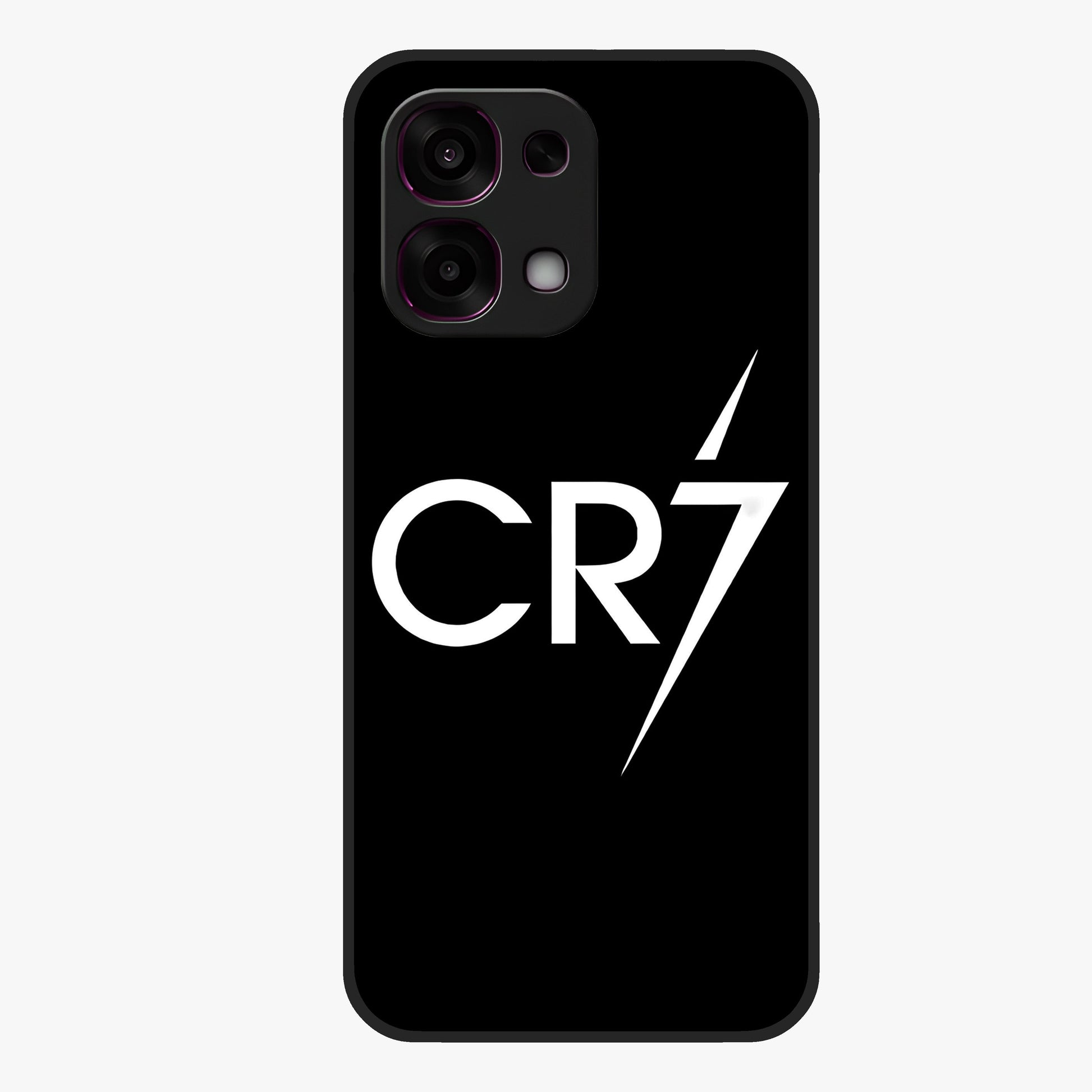 Cr7 Elite Strike Glass Case showing flat back view with dynamic football inspired artwork and glossy glass finish.