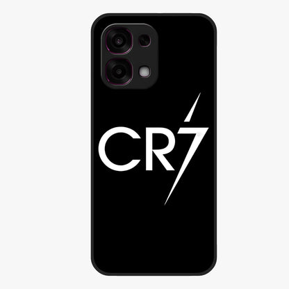 Cr7 Elite Strike Glass Case showing flat back view with dynamic football inspired artwork and glossy glass finish.