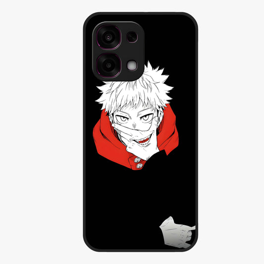 Crimson Chaos Smile Glass Case showing flat back view with bold chaotic smile artwork and glossy glass finish.