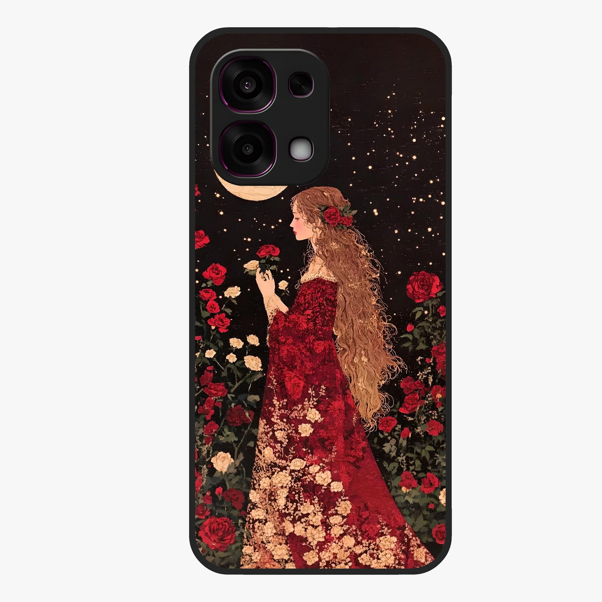 Crimson Dreams Glass Case showing flat back view with dreamy crimson artwork and glossy glass finish.