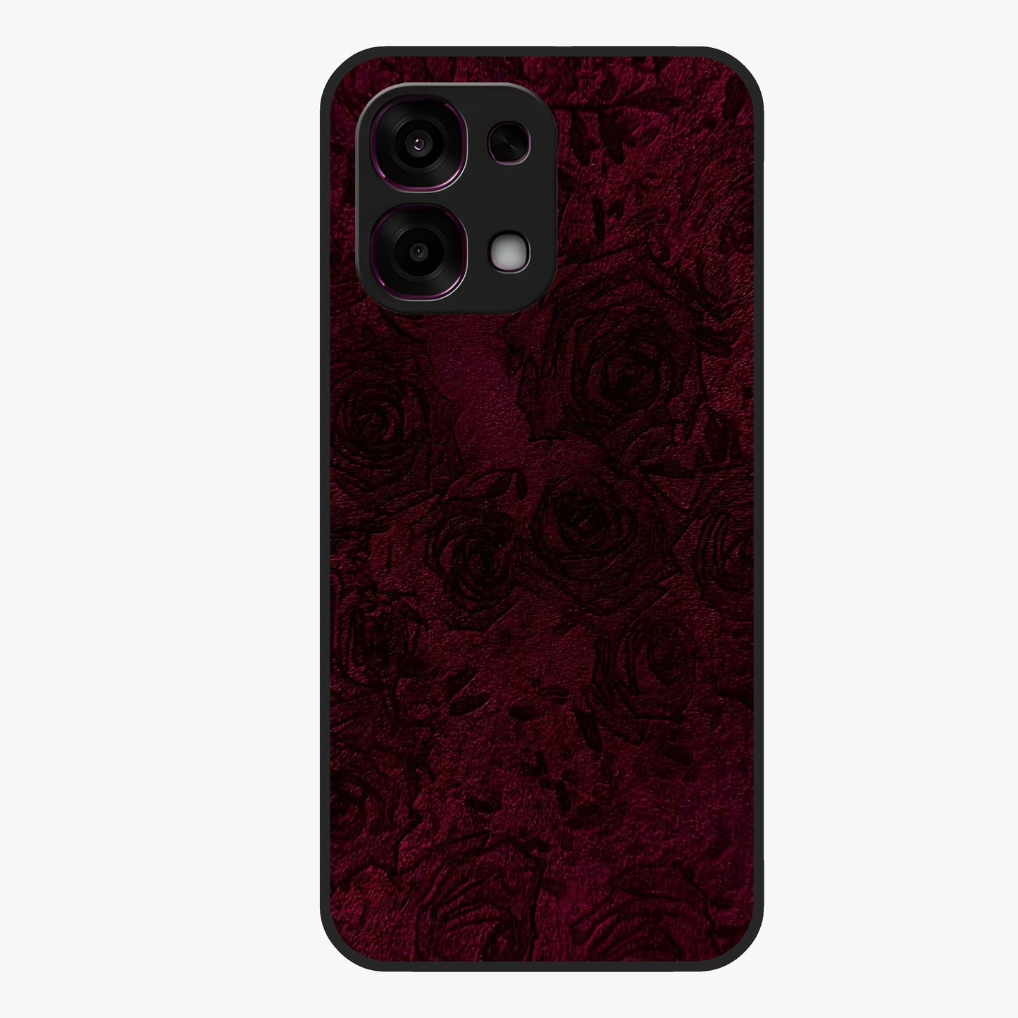 Crimson Fade Flow Glass Case showing flat back view with flowing crimson gradient artwork and glossy glass finish.