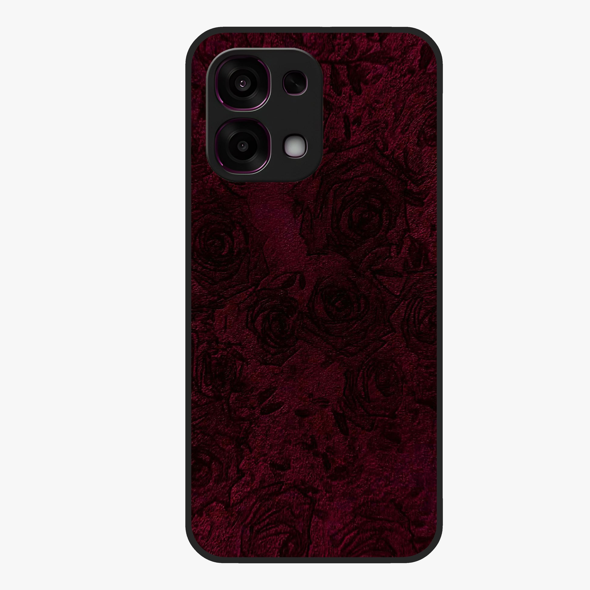 Crimson Fade Flow Glass Case showing flat back view with flowing crimson gradient artwork and glossy glass finish.