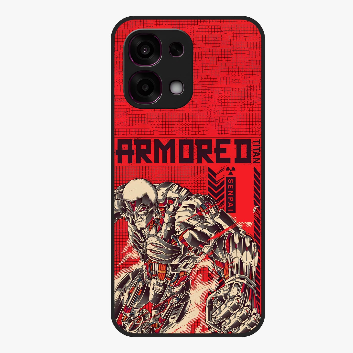 Crimson Mecha Titan Glass Case showing flat back view with powerful mech titan artwork and glossy glass finish.