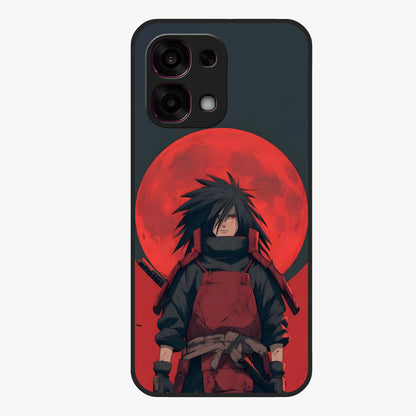 Crimson Moon Warlord Glass Case showing flat back view with mystical moon warrior artwork and glossy glass finish.