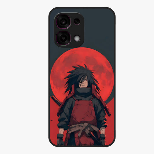 Crimson Moon Warlord Glass Case showing flat back view with mystical moon warrior artwork and glossy glass finish.