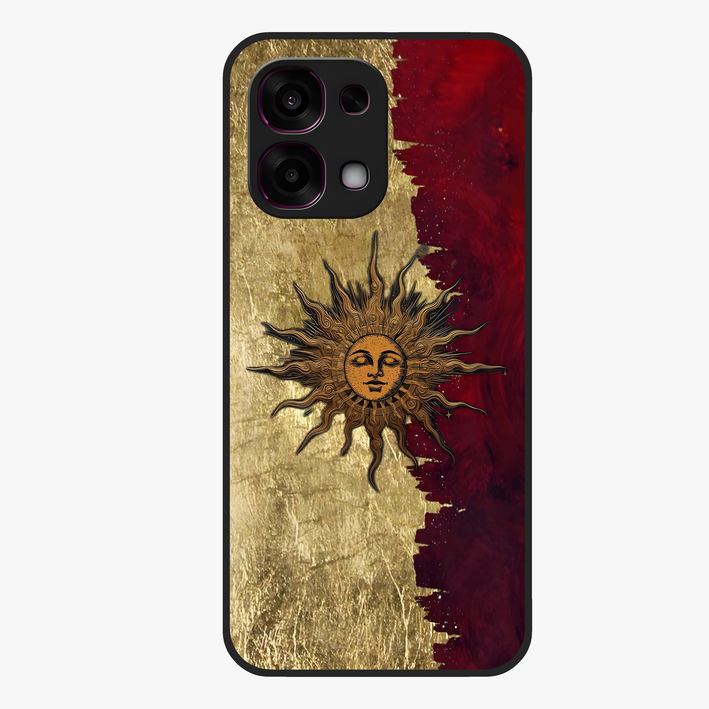 Crimson Sun Majesty Glass Case showing flat back view with radiant sun inspired artwork and glossy glass finish.