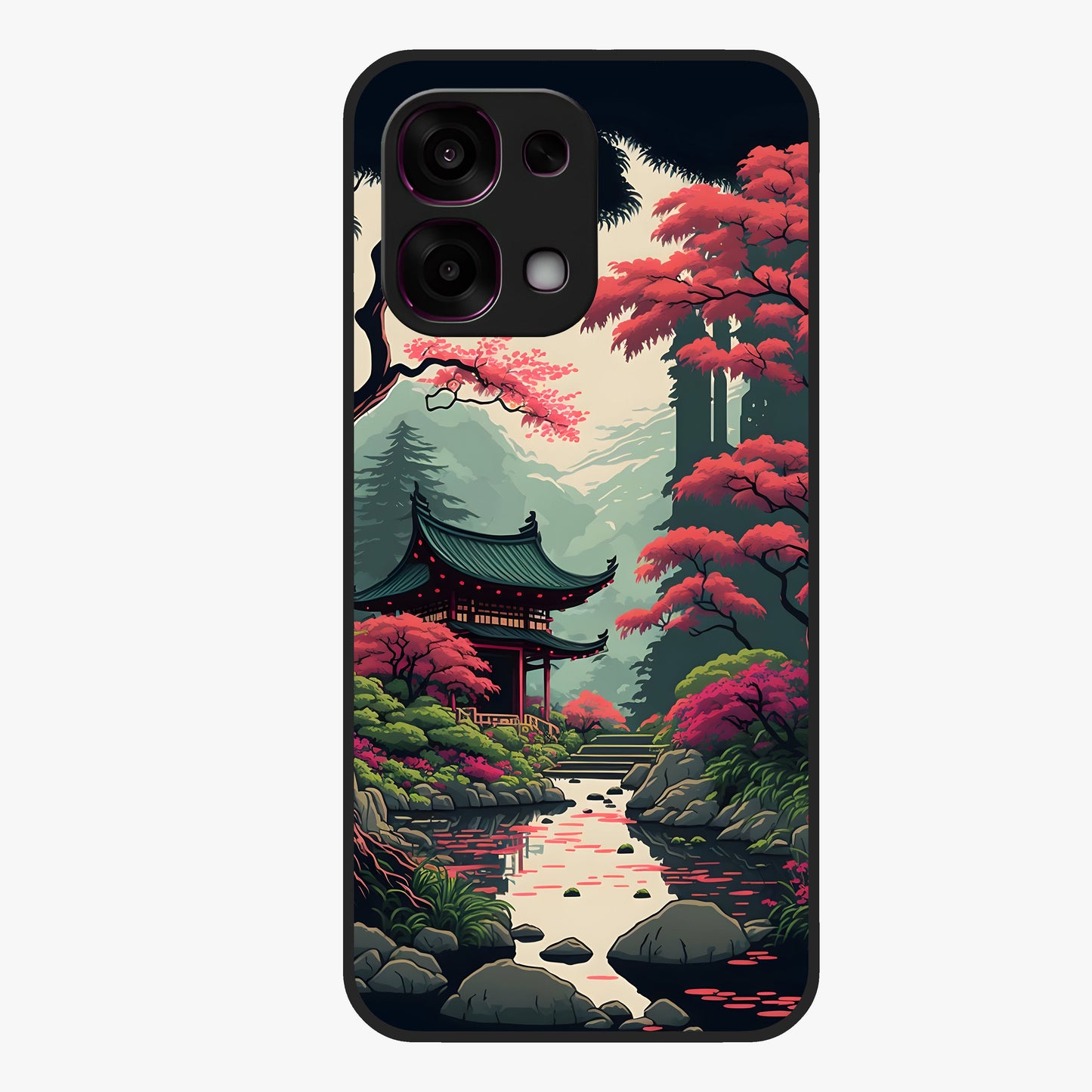 Crimson Temple View Glass Case showing flat back view with temple inspired artwork and glossy glass finish.