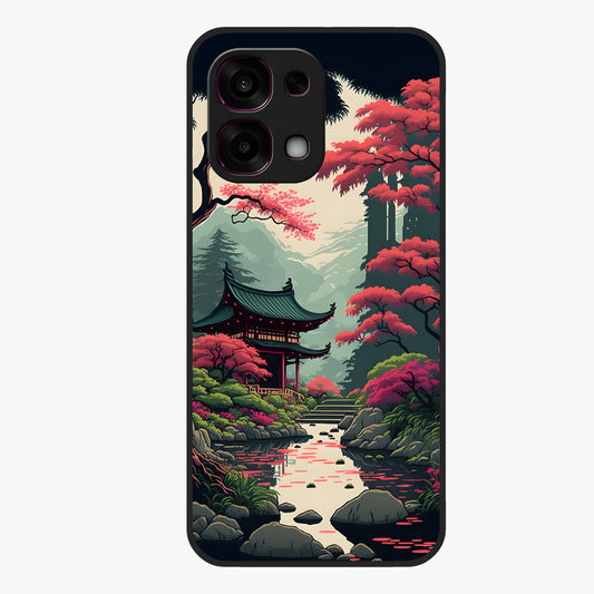 Crimson Temple View Glass Case showing flat back view with temple inspired artwork and glossy glass finish.
