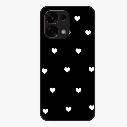 Cute And Simple White Hearts Glass Case showing flat back view with minimal white heart pattern and glossy glass finish.