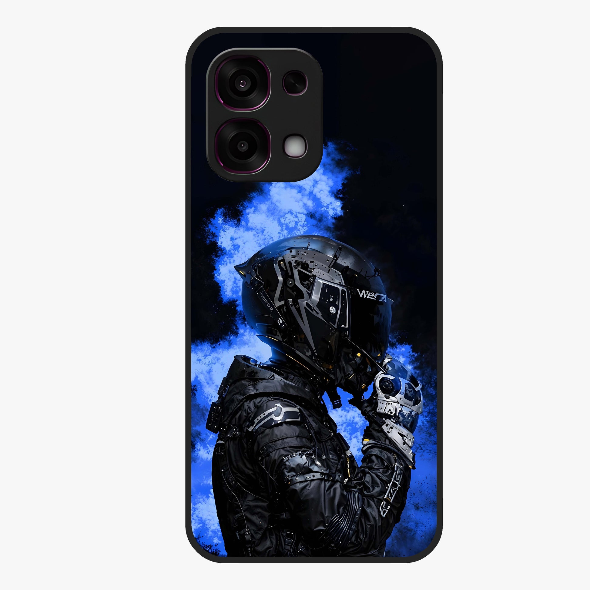 Cyber Sentinel Protocol Glass Case showing flat back view with futuristic cyber themed artwork and glossy glass finish.