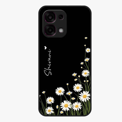 Daisy Cascade Custom Name Glass Case showing flat back view with cascading daisy flowers and personalized name design.