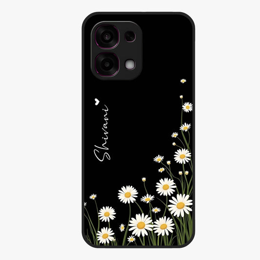 Daisy Cascade Custom Name Glass Case showing flat back view with cascading daisy flowers and personalized name design.