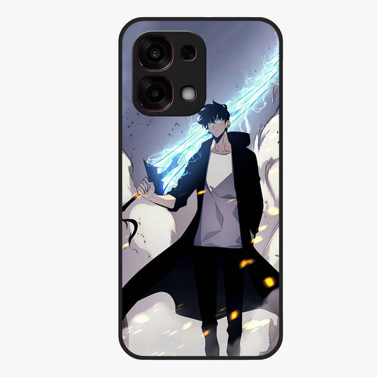 Dark Lightning Anime Warrior Glass Case showing flat back view with intense anime warrior artwork and glossy glass finish.