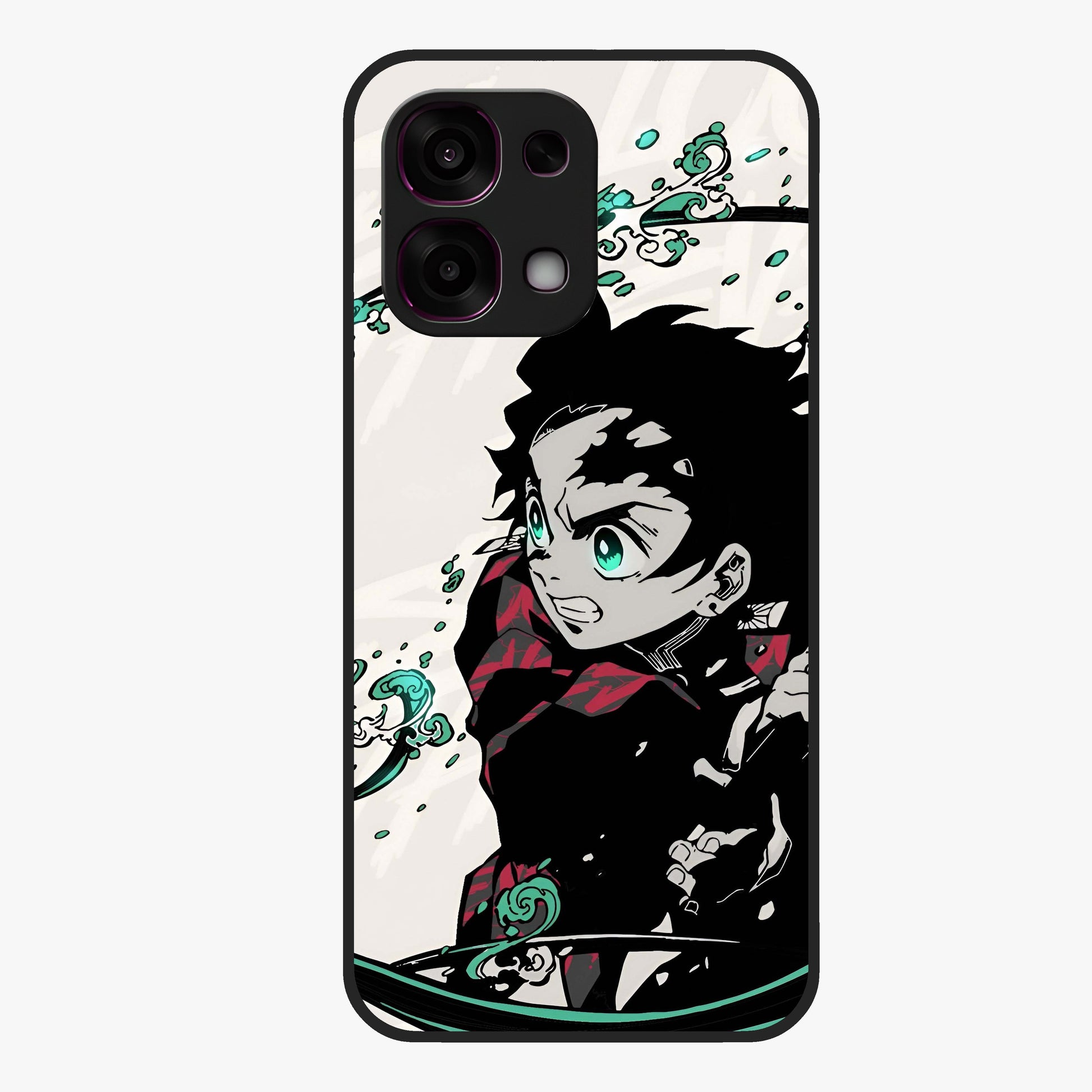 Demon Slayer Glass Case showing flat back view with bold anime inspired artwork and glossy glass finish.