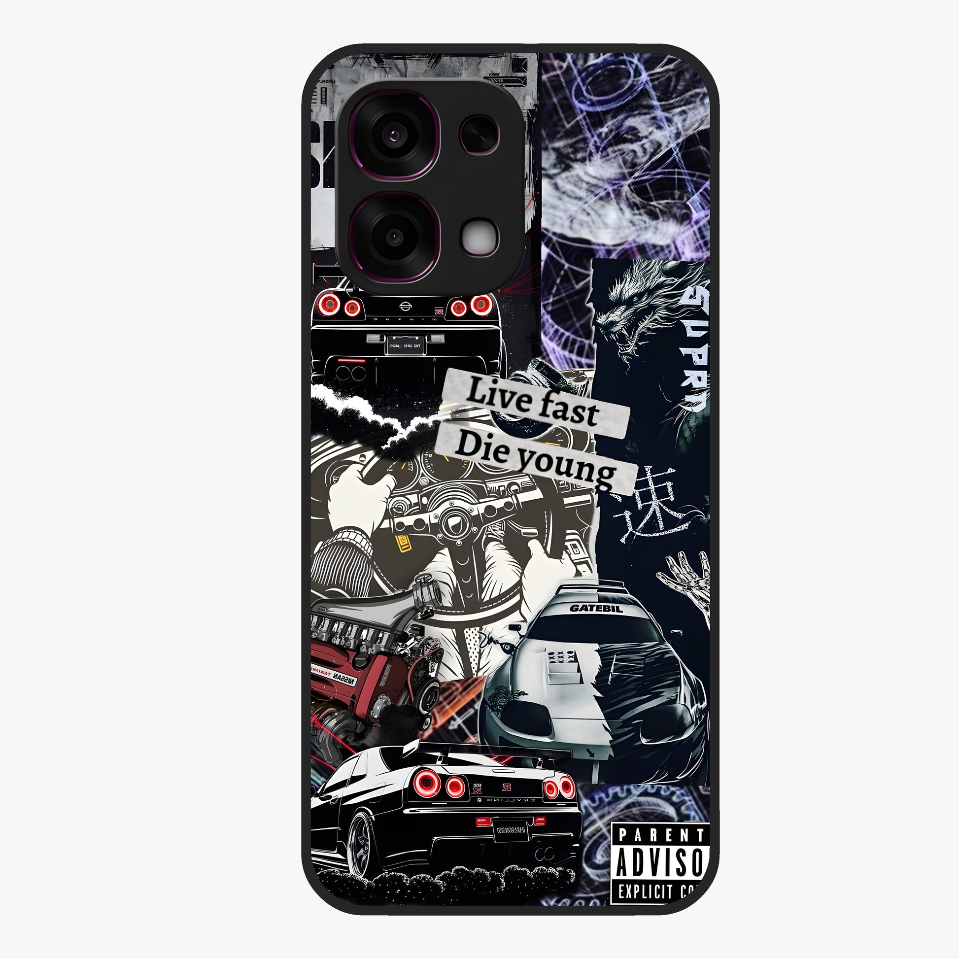 Die Young Glass Case showing flat back view with bold artistic typography design and glossy glass finish.