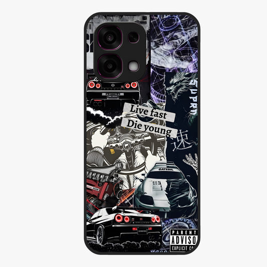 Die Young Glass Case showing flat back view with bold artistic typography design and glossy glass finish.
