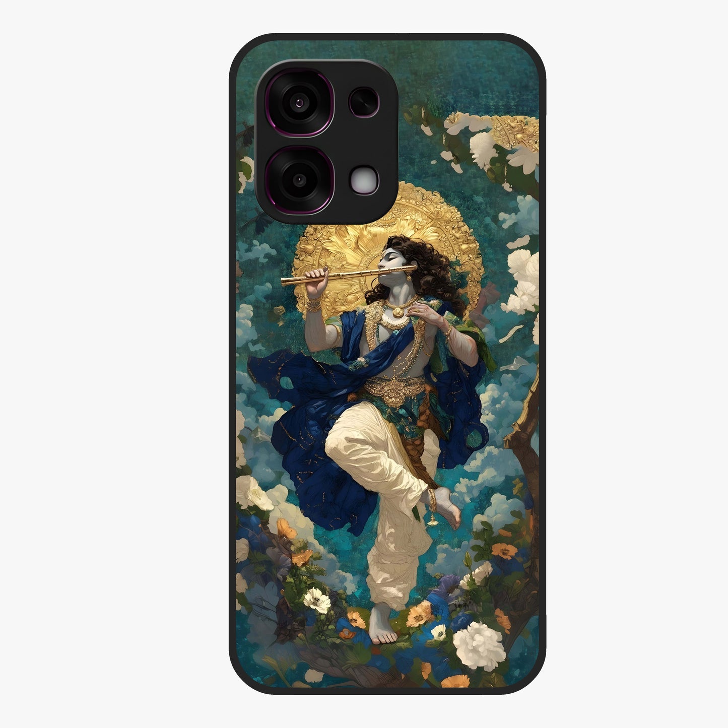 Divine Krishna Art Glass Case showing flat back view with Lord Krishna artwork and glossy glass finish.