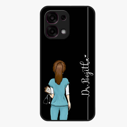 Doctor Pattern Custom Name Glass Case showing flat back view with medical themed pattern and personalized name design.