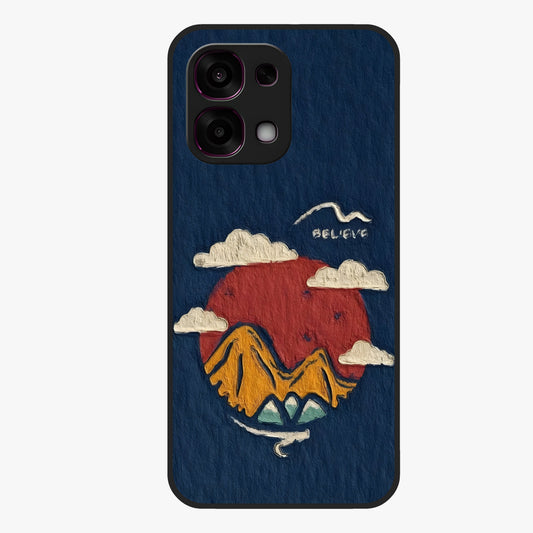 Dream Beyond Mountains Glass Case showing flat back view with scenic mountain landscape artwork and glossy glass finish.