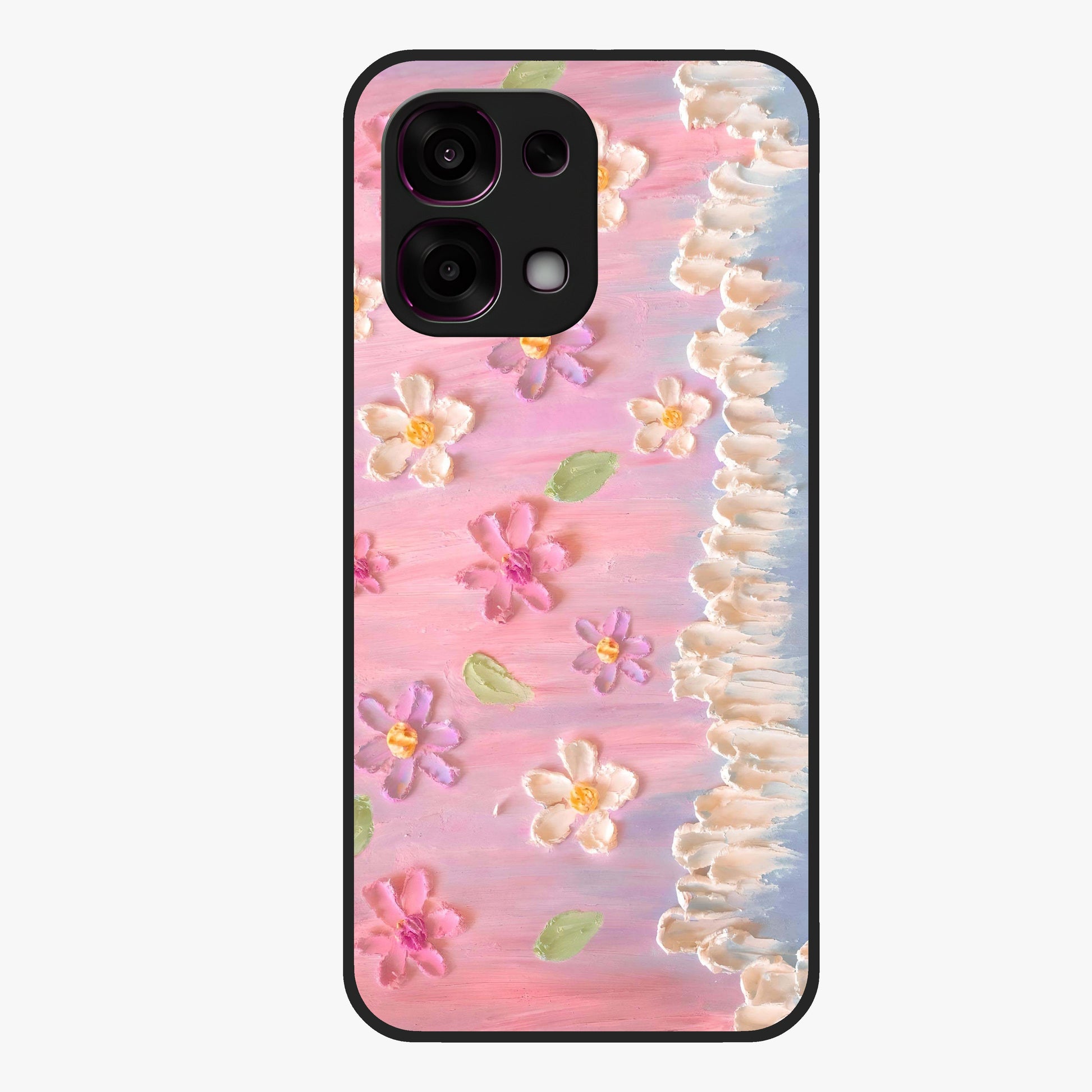 Dreamy Painted Garden Glass Case showing flat back view with artistic painted floral garden artwork and glossy glass finish.
