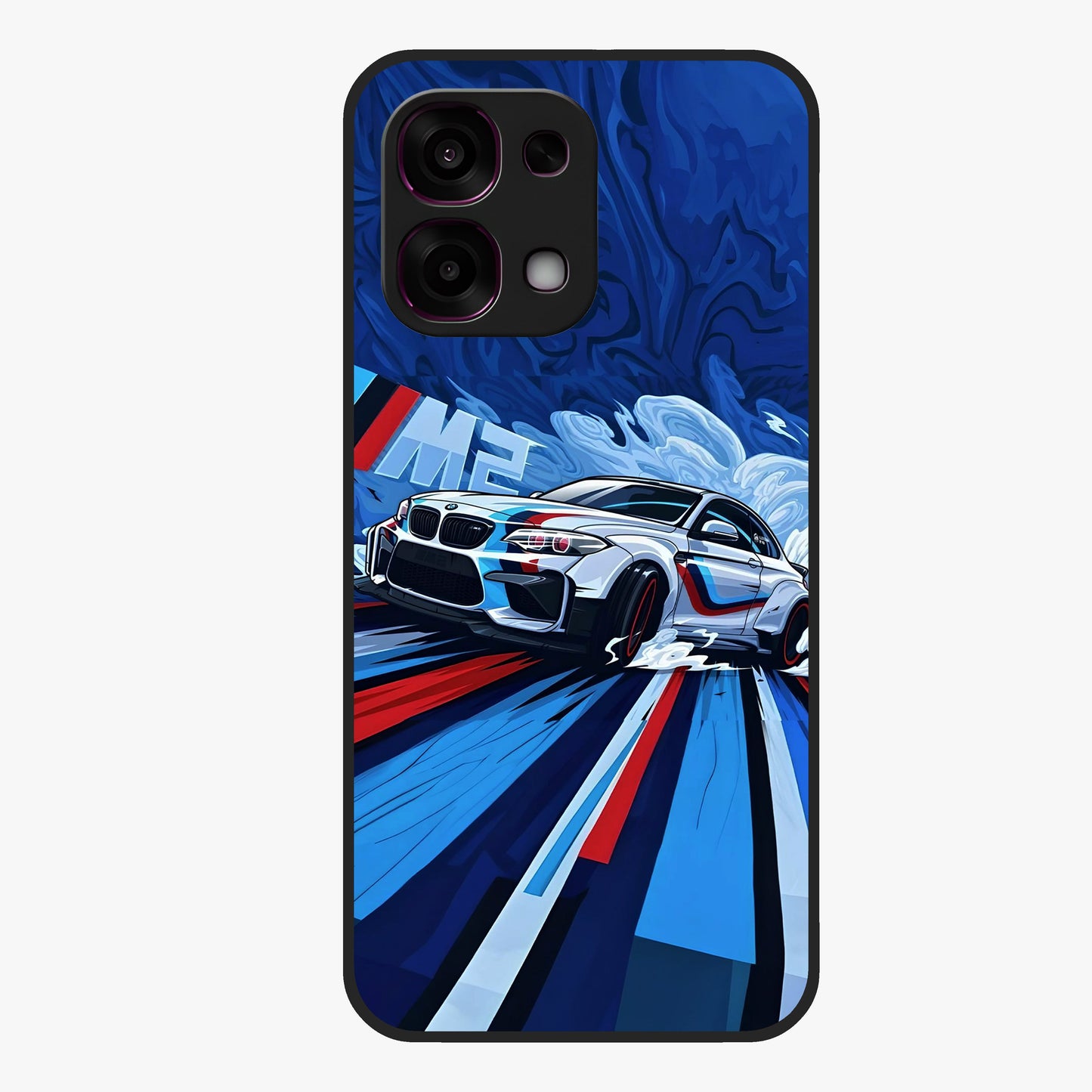 Drift Power Rush Glass Case showing flat back view with dynamic racing inspired artwork and glossy glass finish.