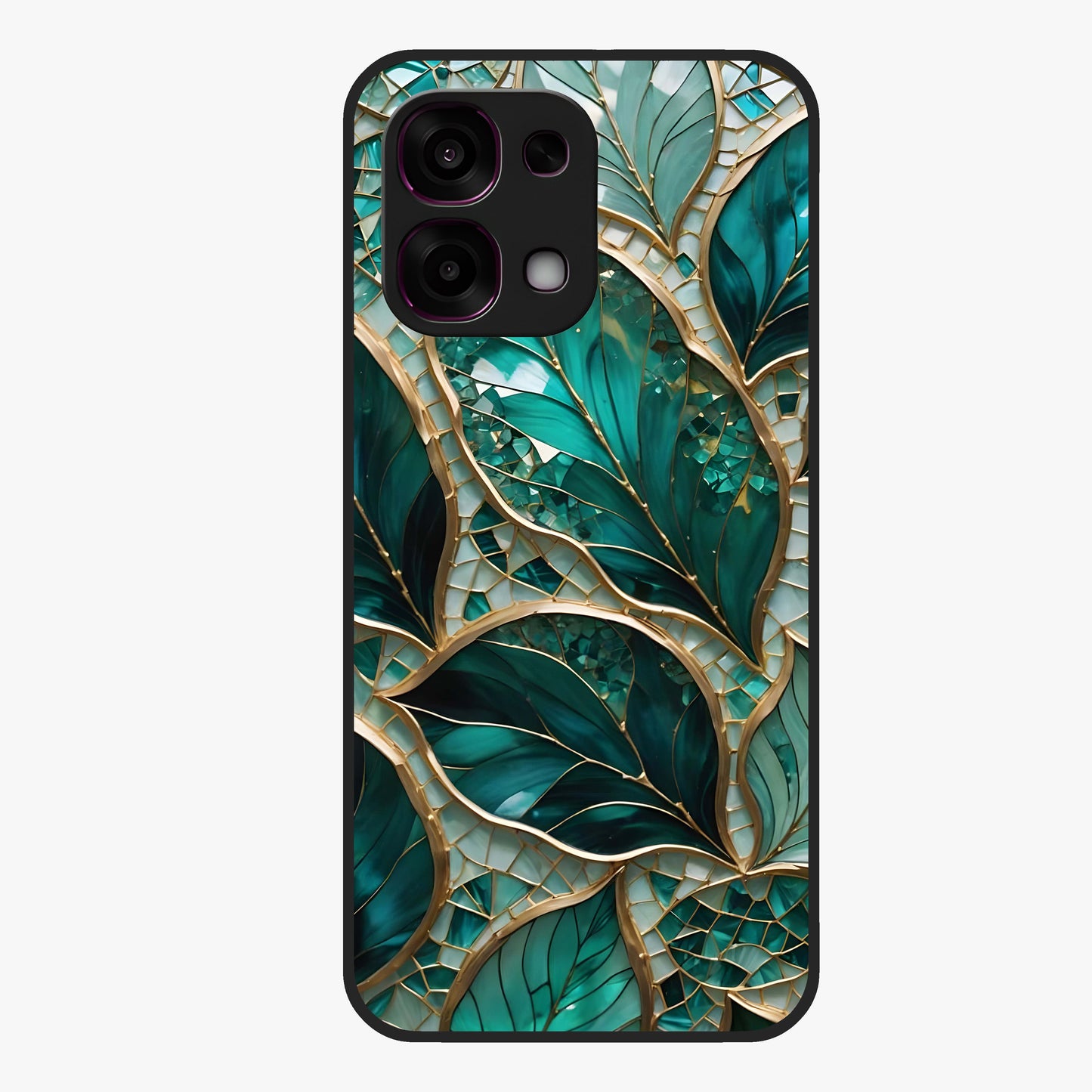 Emerald Leaf Glass Glass Case showing flat back view with emerald green leaf artwork and glossy glass finish.