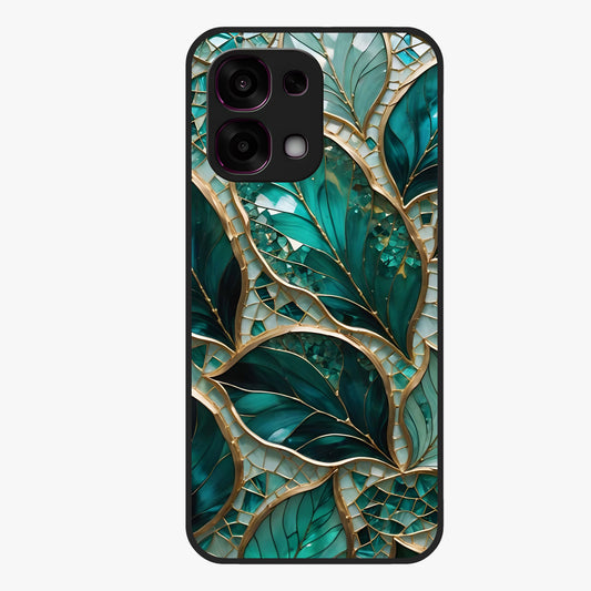 Emerald Leaf Glass Glass Case showing flat back view with emerald green leaf artwork and glossy glass finish.
