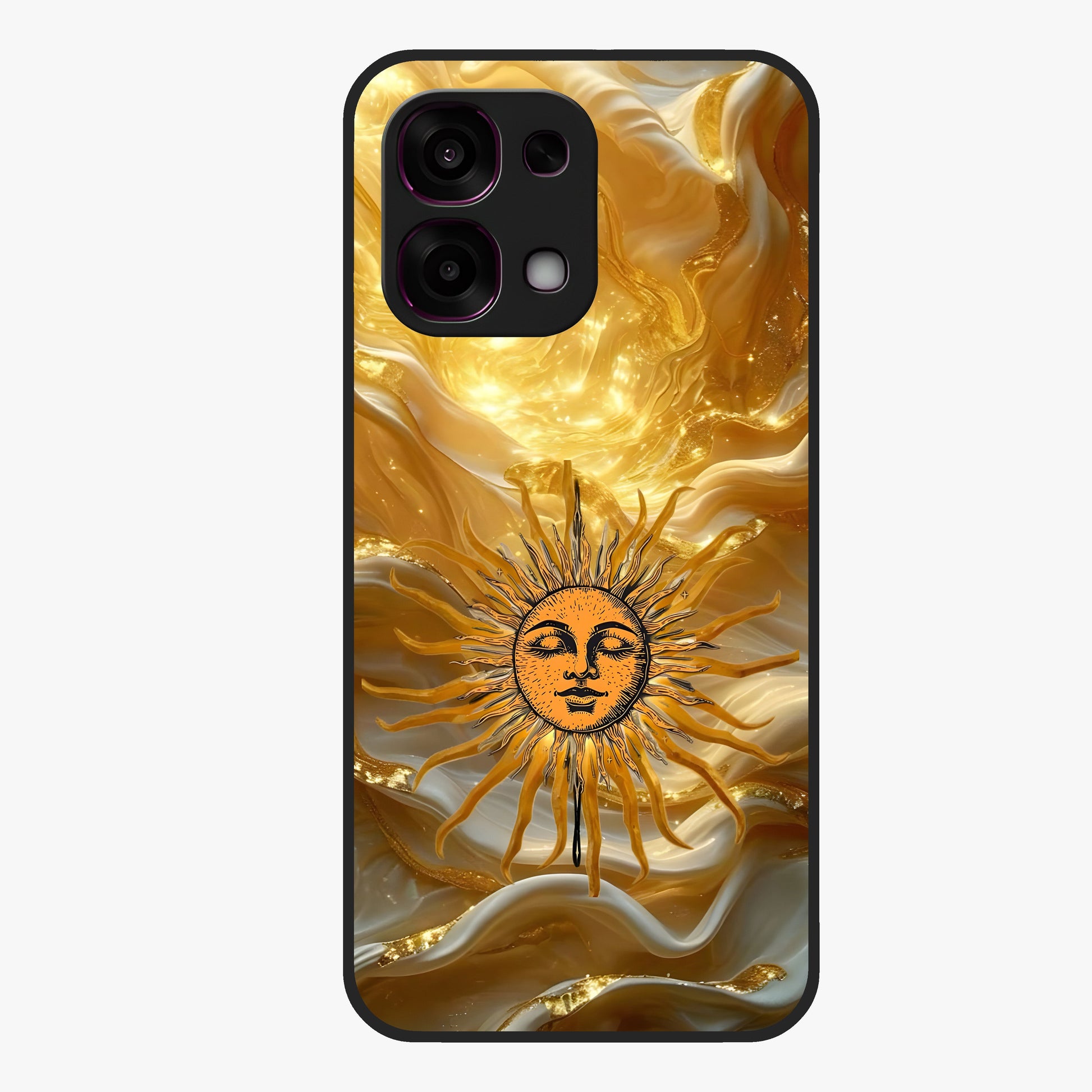 Eternal Golden Glow Glass Case showing flat back view with radiant golden themed artwork and glossy glass finish.