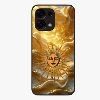 Eternal Golden Glow Glass Case showing flat back view with radiant golden themed artwork and glossy glass finish.