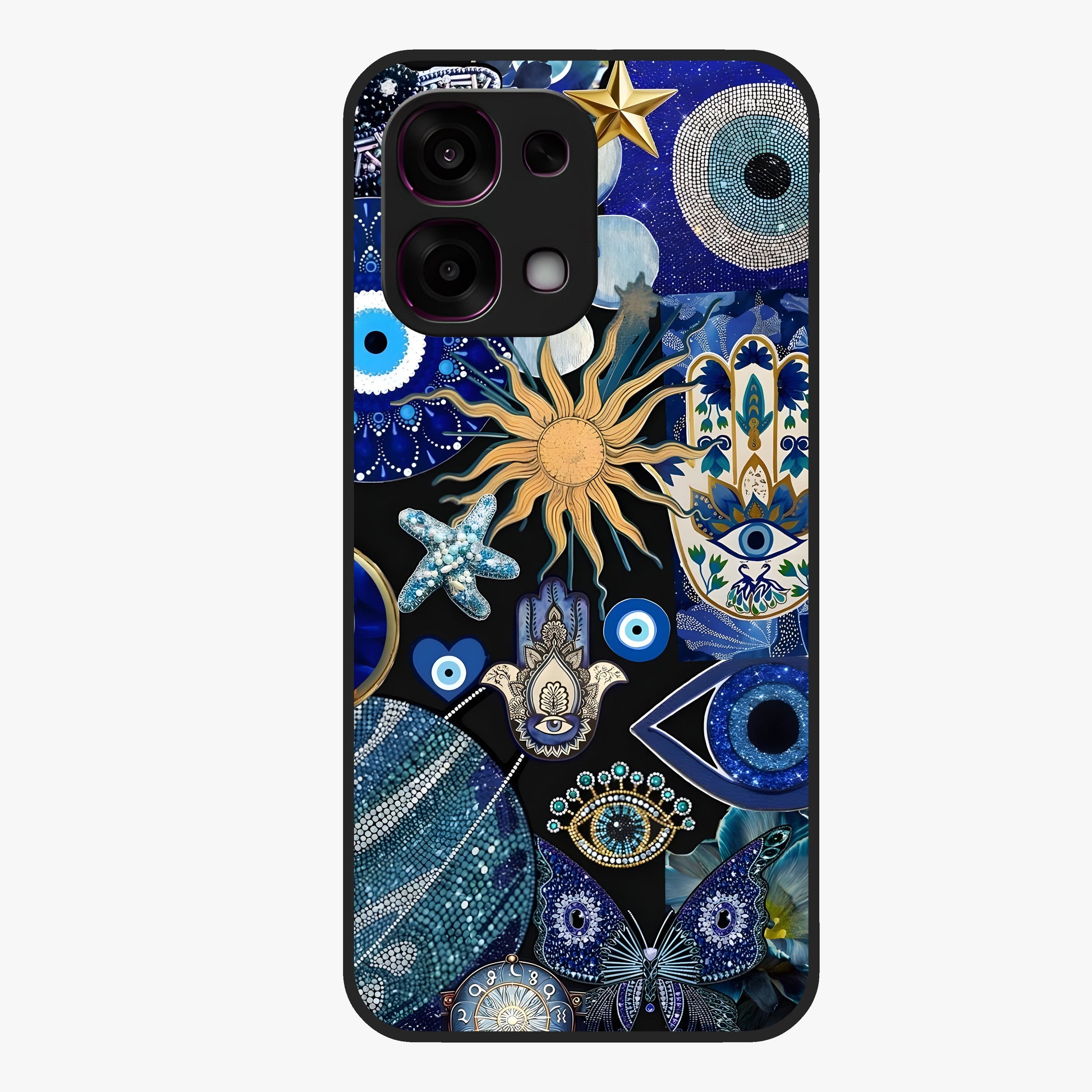 Evil Eye Charm Mix Glass Case showing flat back view with multiple evil eye charms artwork and glossy glass finish.