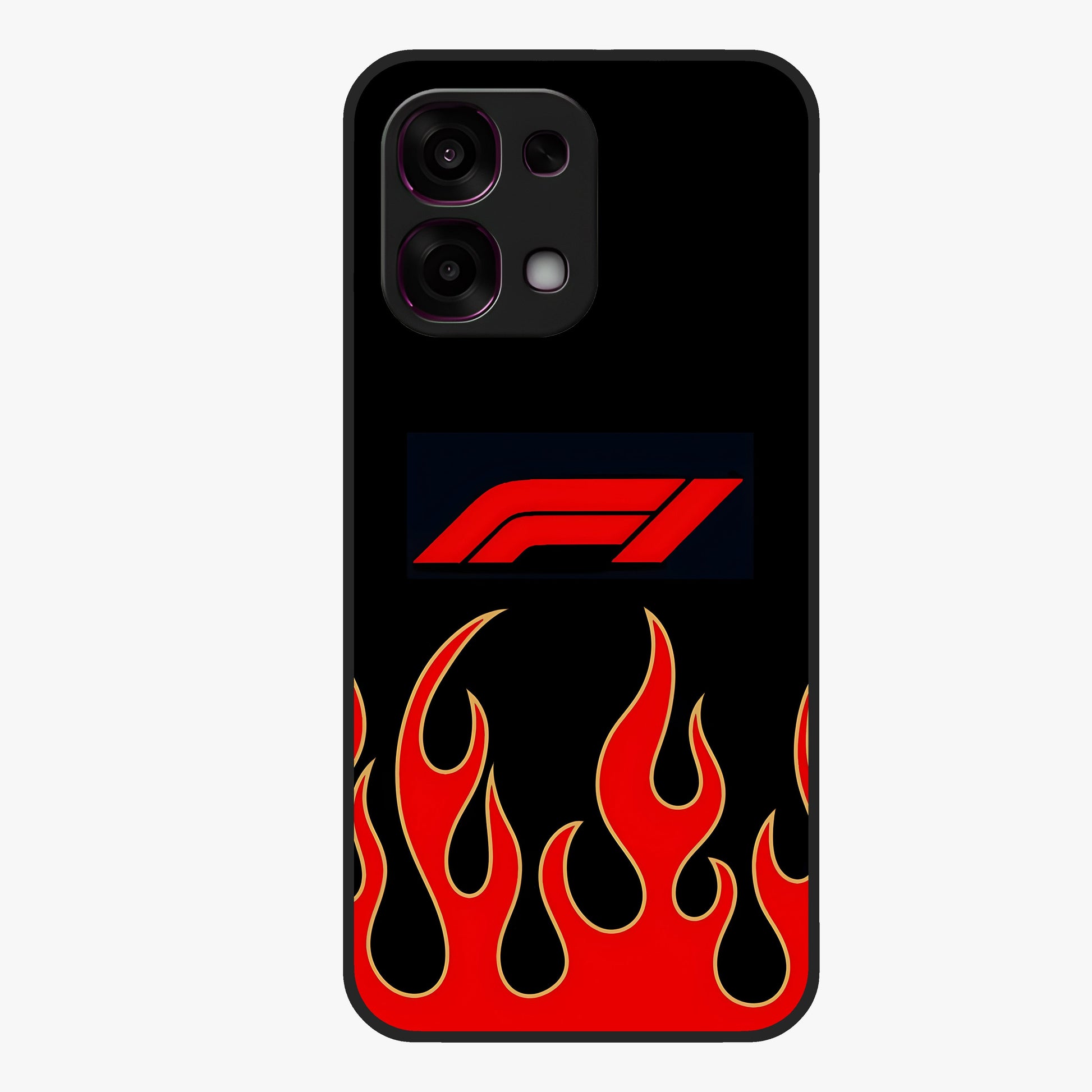 Fire F11 Glass Case showing flat back view with fiery themed artwork and glossy glass finish.
