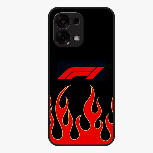 Fire F11 Glass Case showing flat back view with fiery themed artwork and glossy glass finish.